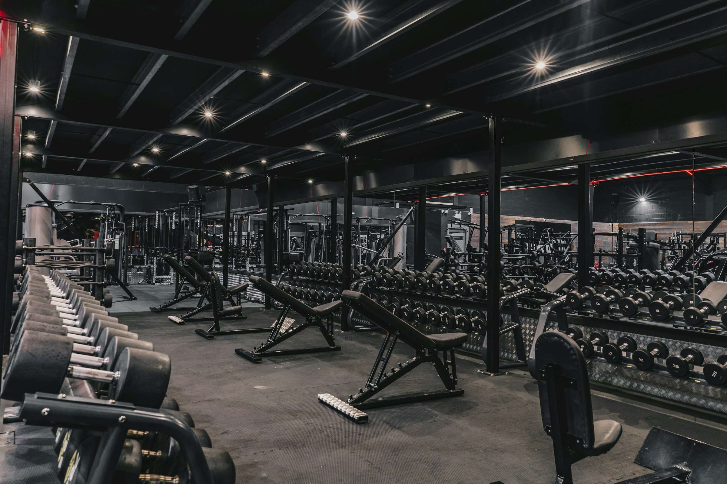 A gym floor of assembled racks, benches and dumbbell stands